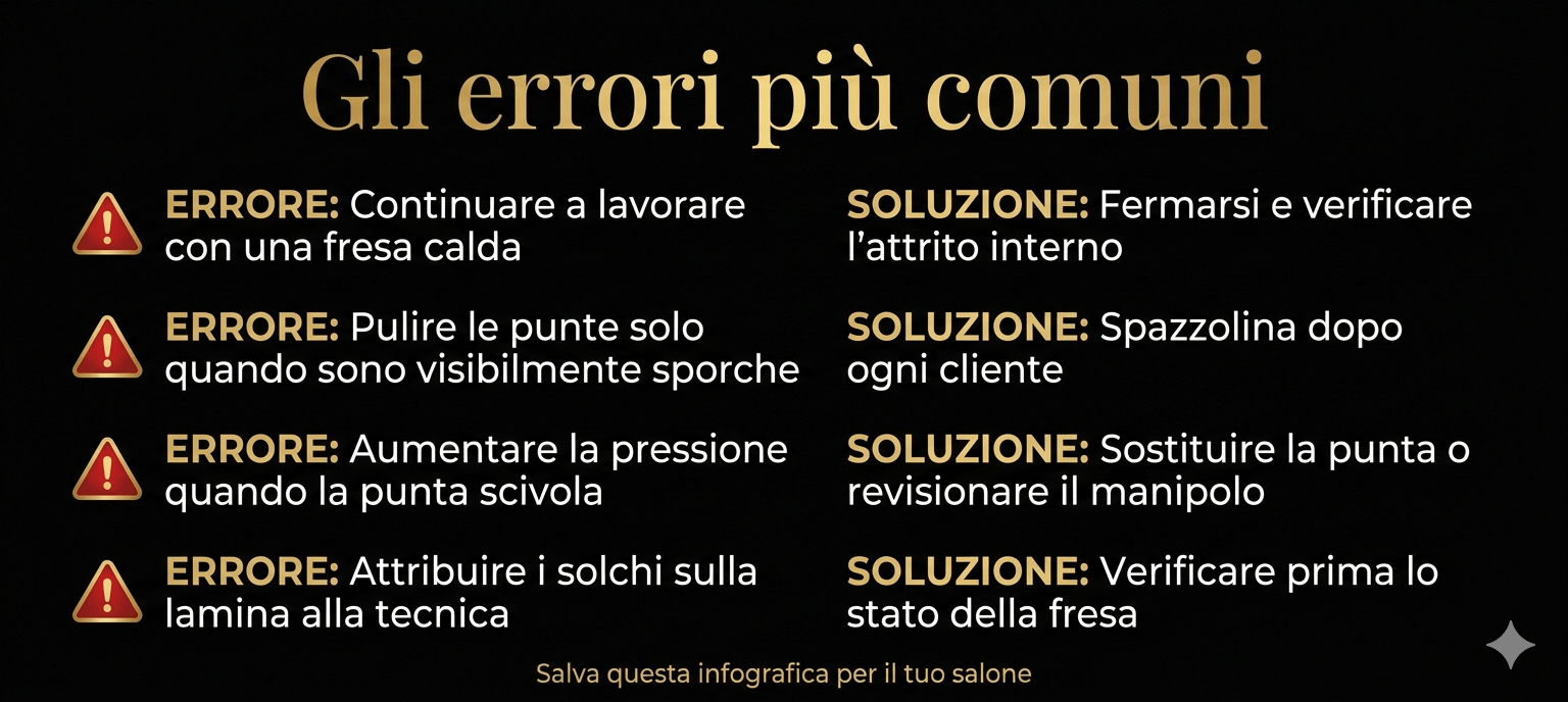 errori più comuni nella manutenzione della fresa per unghie e soluzioni tecniche — infografica Hony Nails